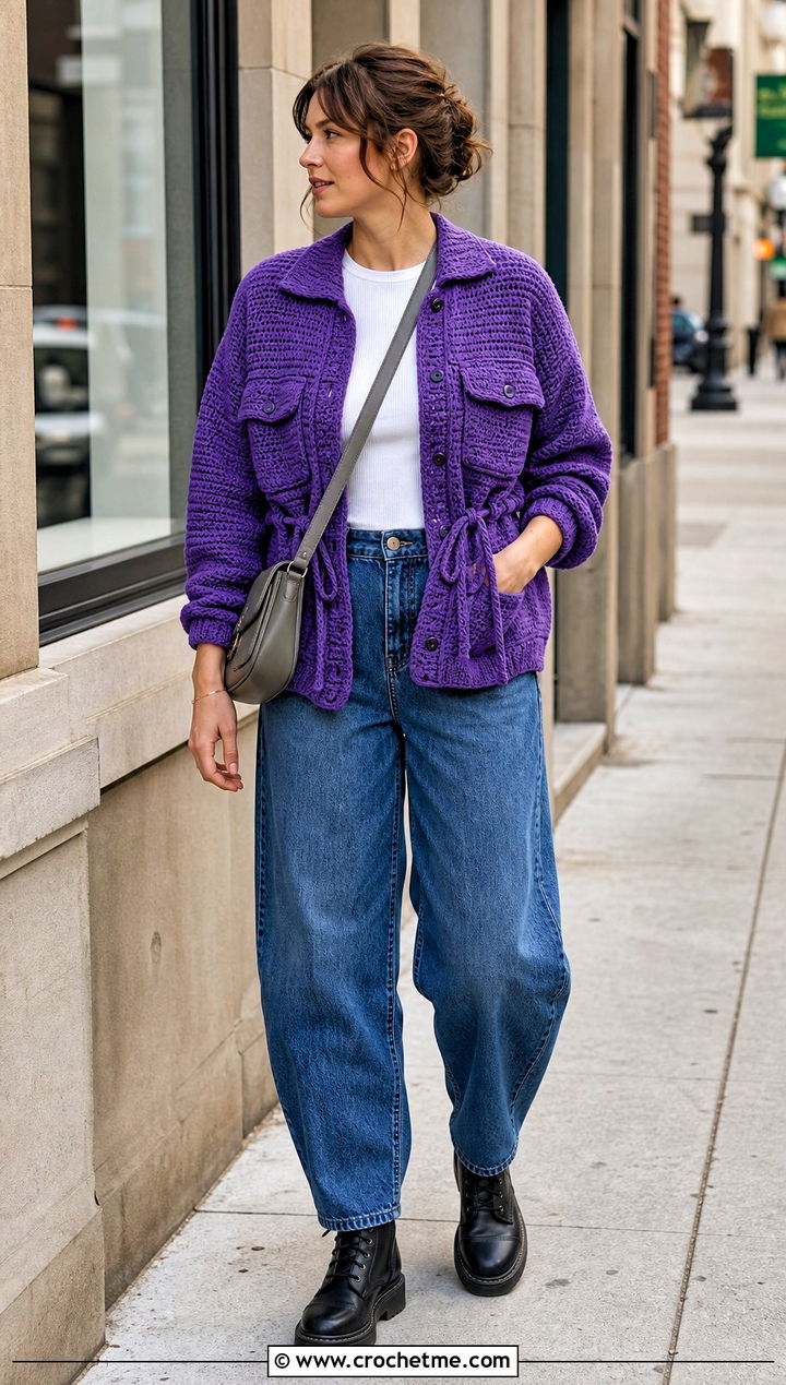 Crochet Utility Jacket With Barrel Jeans - 30 crochet winter jacket outfit ideas