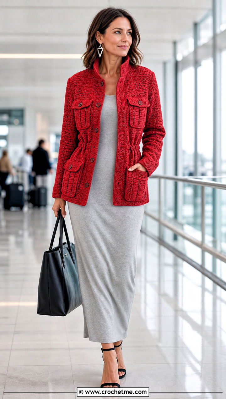 Crochet Utility Jacket With Column Dress - 35 crocheted jacket outfit ideas