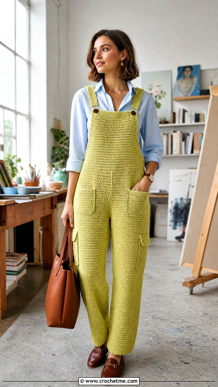 Crochet Utility Overalls With Oxford Shirt - 35 crochet overalls outfit ideas