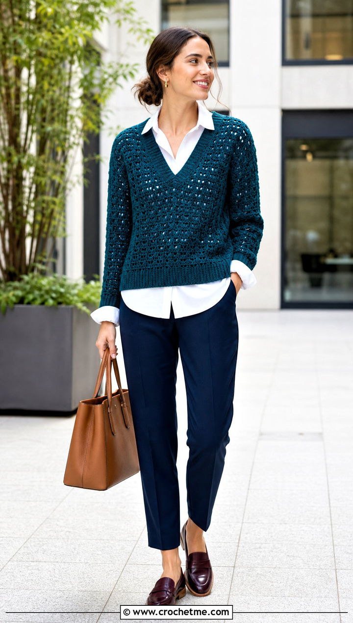 Crochet V Neck Sweater With Button Down Shirt - 25 Woman Crochet Sweater outfit ideas