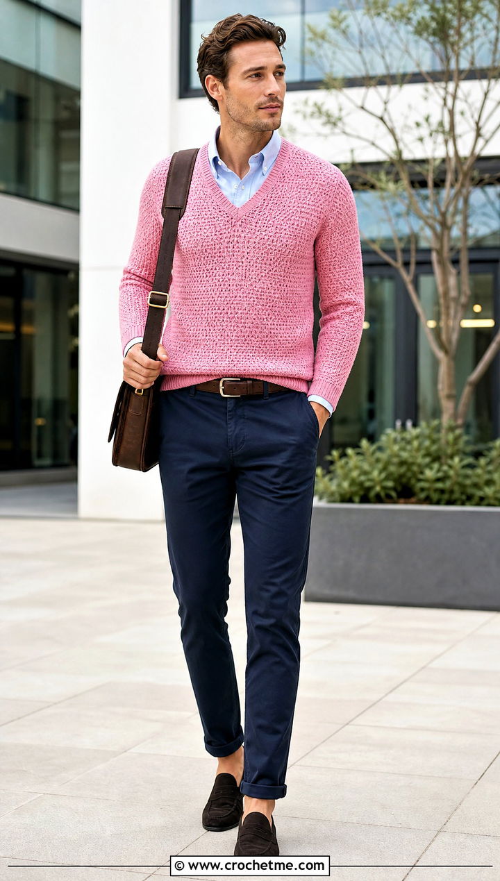 Crochet V Neck Sweater With Oxford Shirt And Chinos - 15 Crochet Mens Sweaters outfit ideas