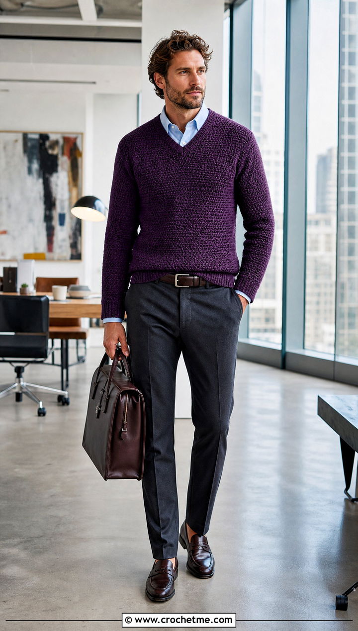 Crochet V Neck Sweater With Oxford Shirt - 35 crochet man sweaters outfit ideas
