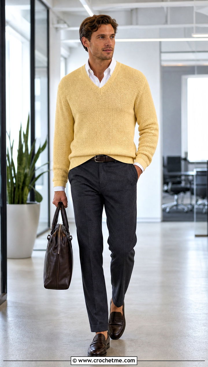 Crochet V Neck Sweater With Tailored Trousers - 30 Easy Crochet Mens Sweater outfit ideas