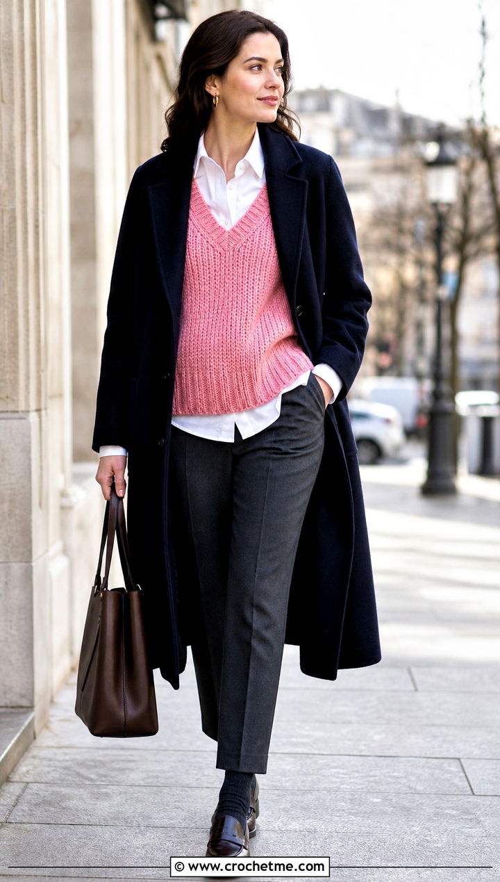 Crochet V Neck Sweater With a Button Down Shirt - 30 crochet winter sweater outfit ideas