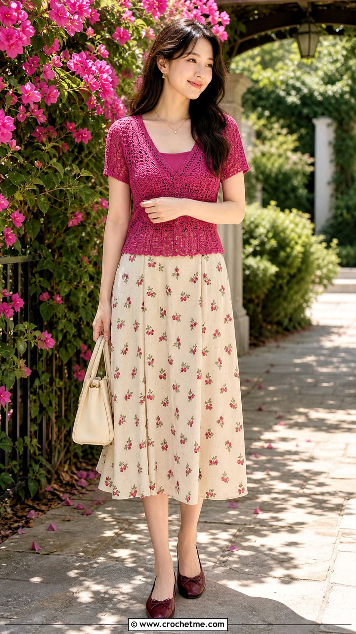 Crochet V Neck Top With Printed Midi Skirt - 35 Crochet Top And Skirt outfit ideas