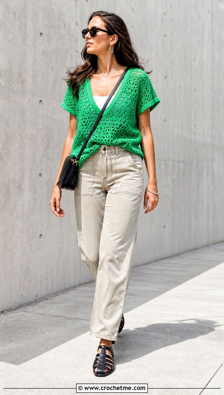 Crochet V Neck Top With Utility Pants - 25 crochet top not cropped outfit ideas