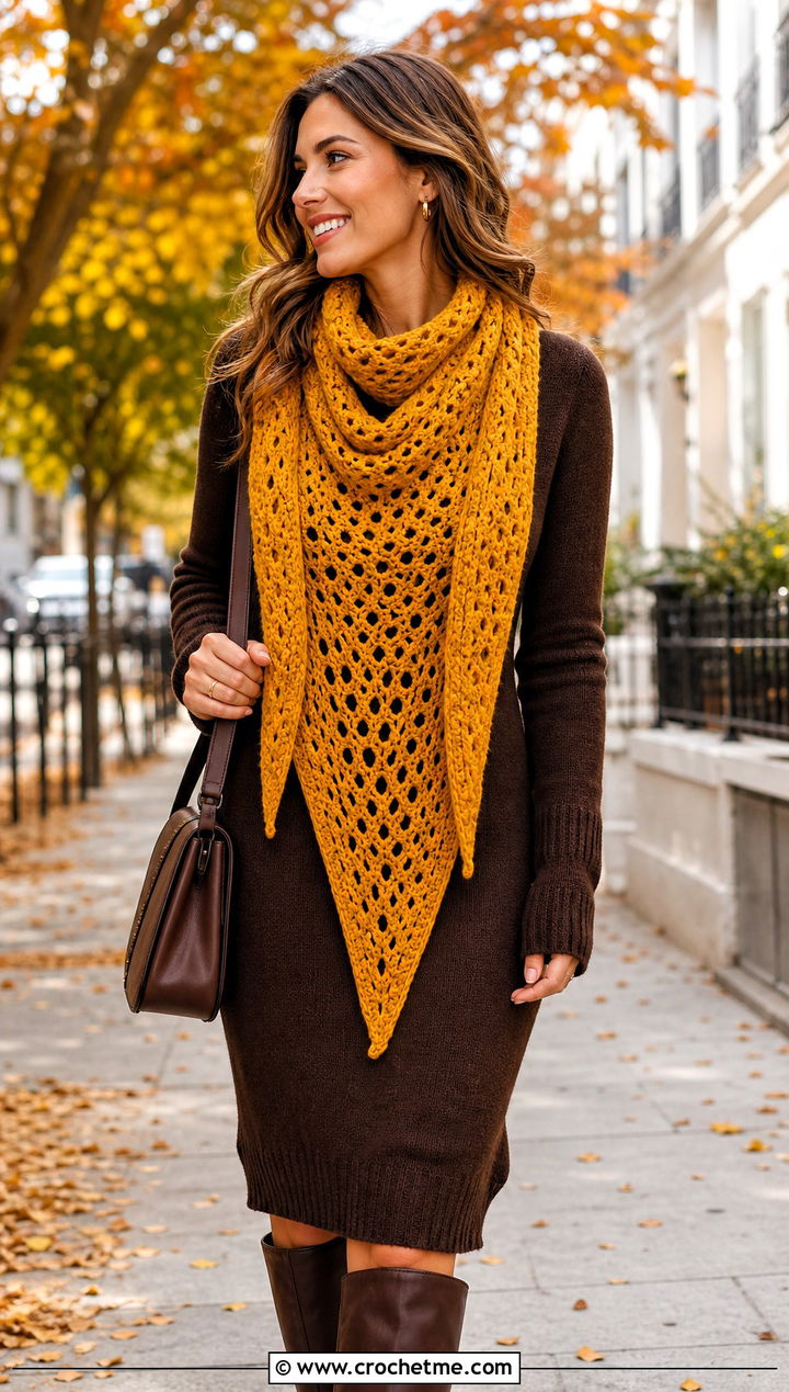 Crochet V Scarf With Sweater Dress - 30 mini crochet scarf outfit ideas