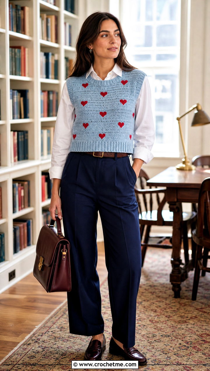 Crochet Valentine Sweater Vest With Button Down Shirt - 25 crochet valentine sweater outfit ideas