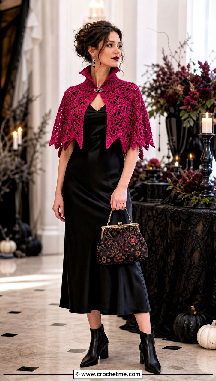 Crochet Vampire Capelet With Satin Midi Dress - 35 Crochet Halloween Costume Women outfit ideas