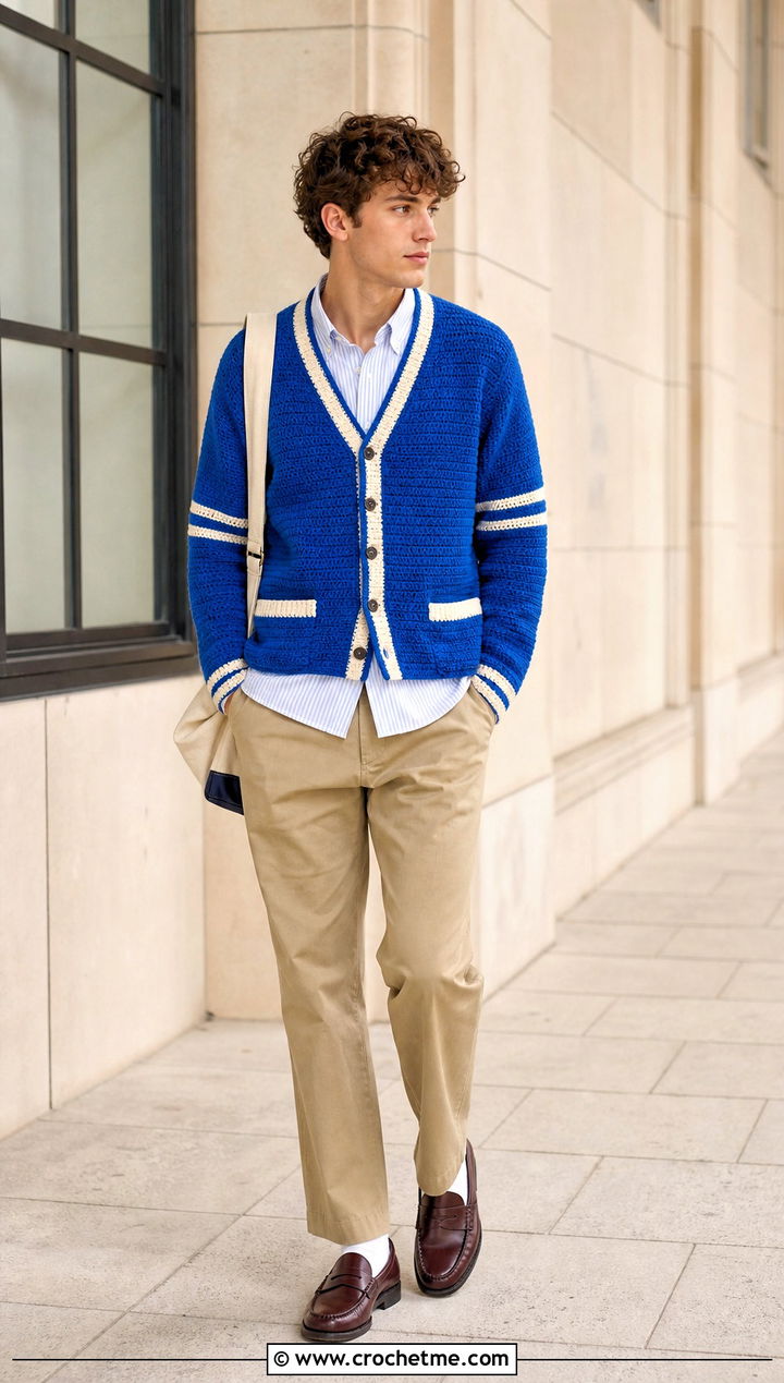 Crochet Varsity Cardigan With Khaki Pants - 35 mens crochet cardigan outfit ideas