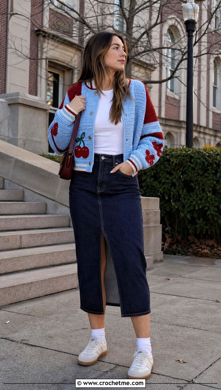 Crochet Varsity Jacket With Denim Midi Skirt - 15 Colorful Crochet Jacket Design outfit ideas