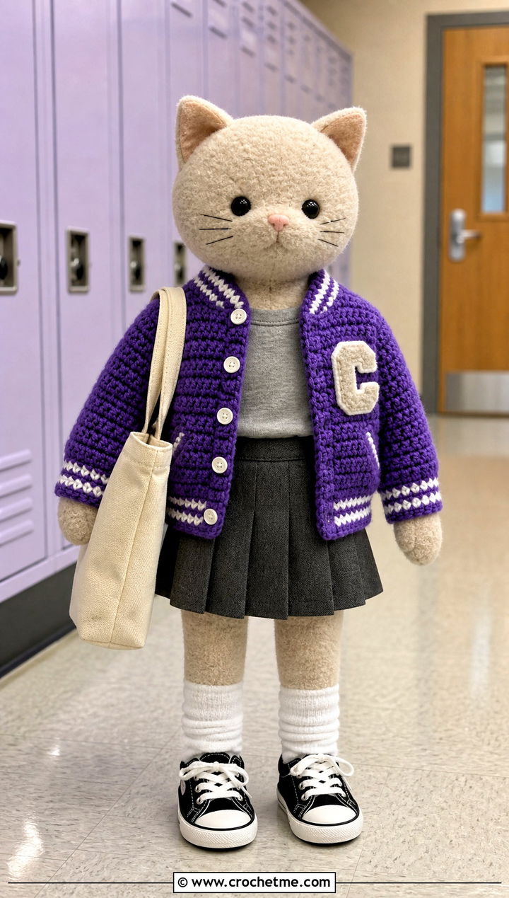 Crochet Varsity Jacket With Pleated Skirt - 25 Crochet Stuffie Clothes and outfit ideas