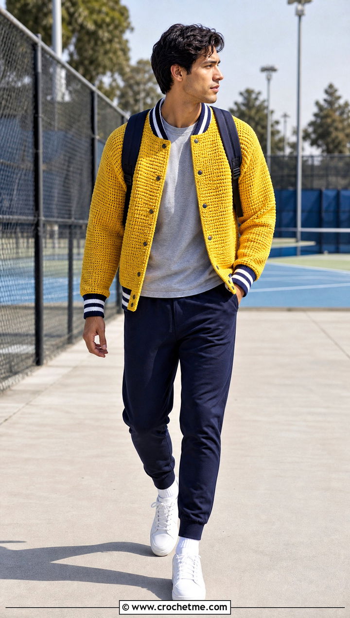 Crochet Varsity Jacket With Track Pants - 15 Crochet Mens Jacket outfit ideas