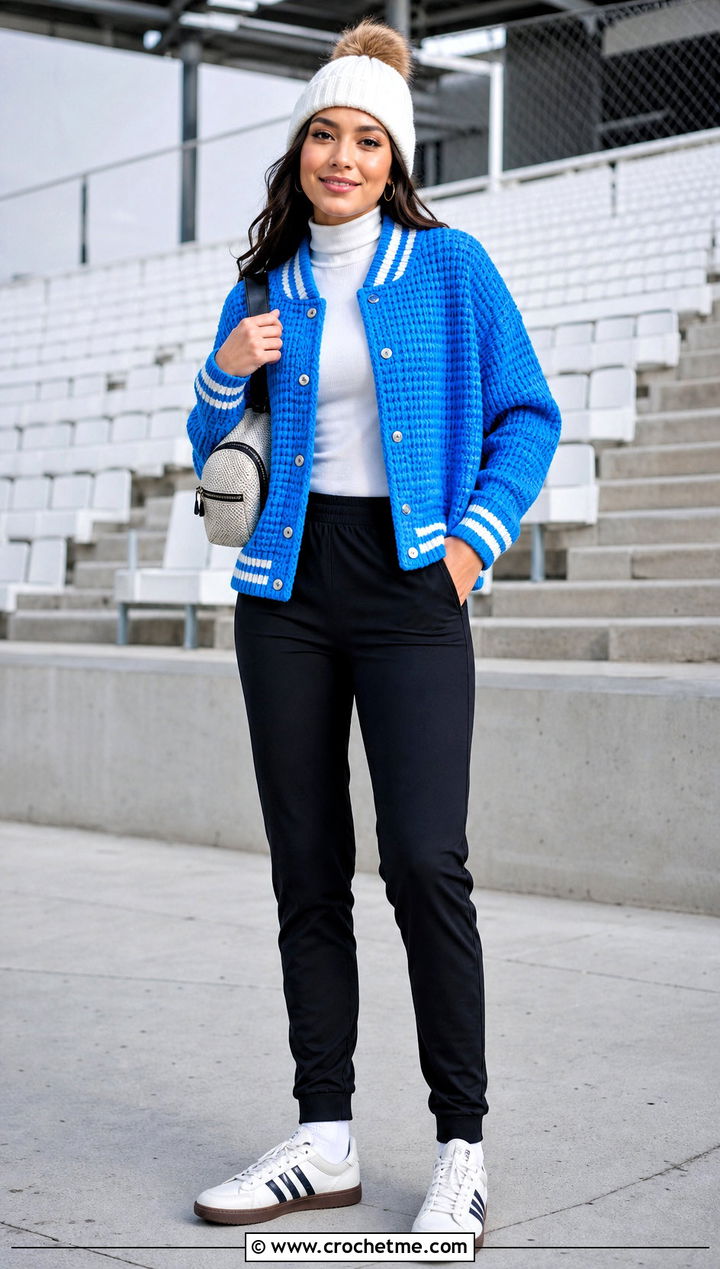 Crochet Varsity Jacket With Track Pants - 30 crochet winter jacket outfit ideas
