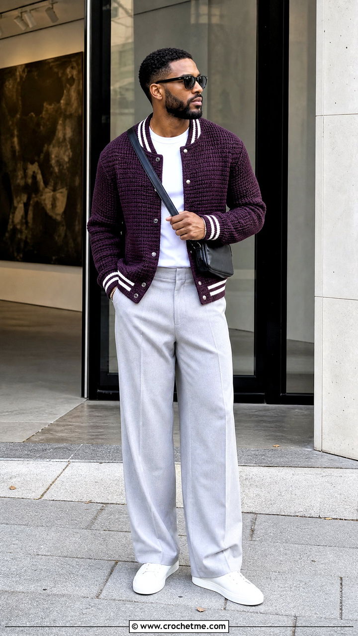 Crochet Varsity Jacket With Wide Leg Trousers - 35 crochet jacket for men outfit ideas