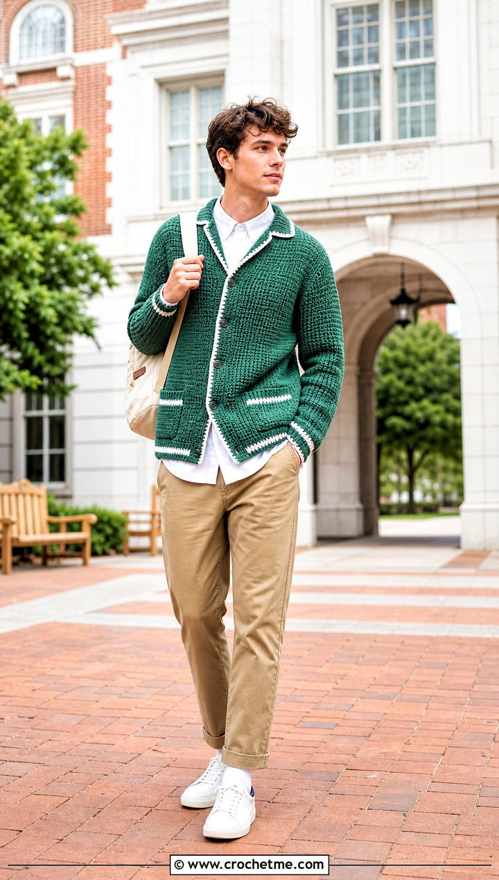 Crochet Varsity Sweater With Chinos And Sneakers - 30 Easy Crochet Mens Sweater outfit ideas