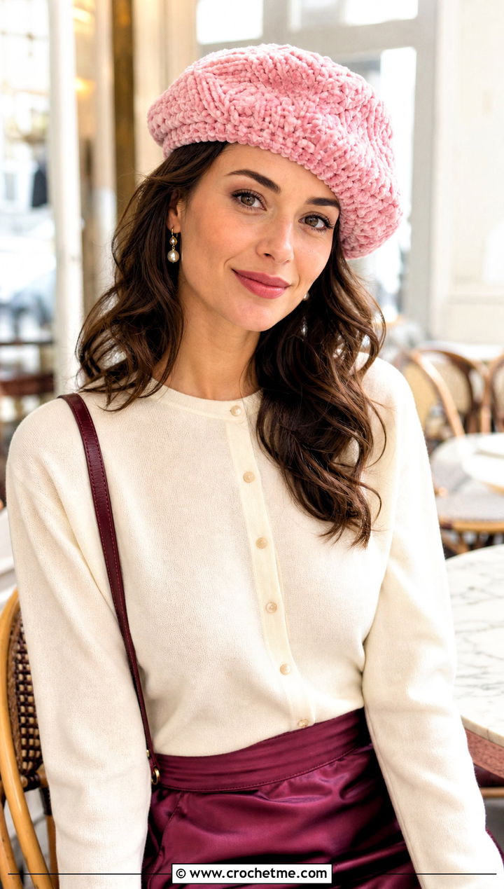 Crochet Velvet Beret With Cardigan And Midi Skirt - 15 Crochet Velvet Hat outfit ideas