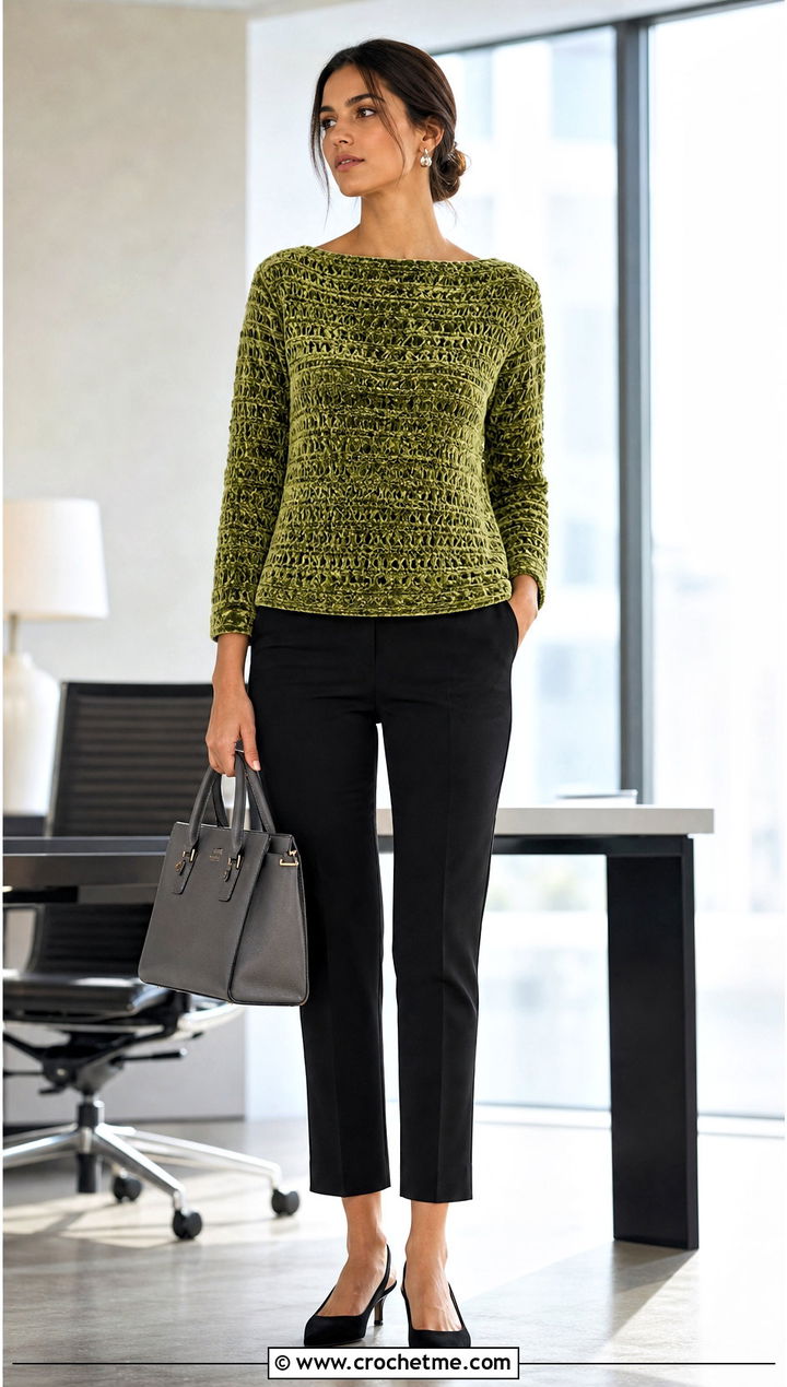 Crochet Velvet Boat Neck Top With Cigarette Pants - 30 crochet velvet top outfit ideas