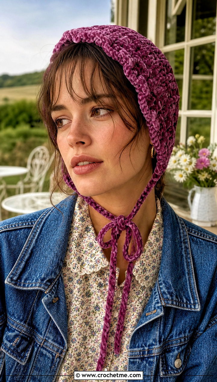 Crochet Velvet Bonnet Hat With Prairie Dress And Boots - 15 Crochet Velvet Hat outfit ideas