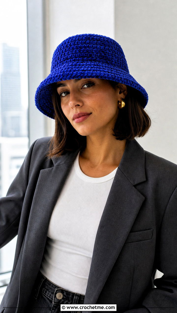 Crochet Velvet Bucket Hat With Blazer And Jeans - 15 Crochet Velvet Hat outfit ideas