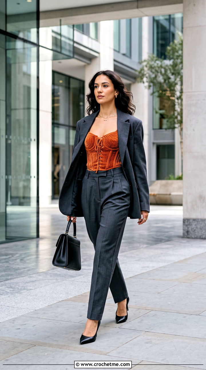 Crochet Velvet Corset Top With Tailored Trousers - 30 crochet velvet top outfit ideas