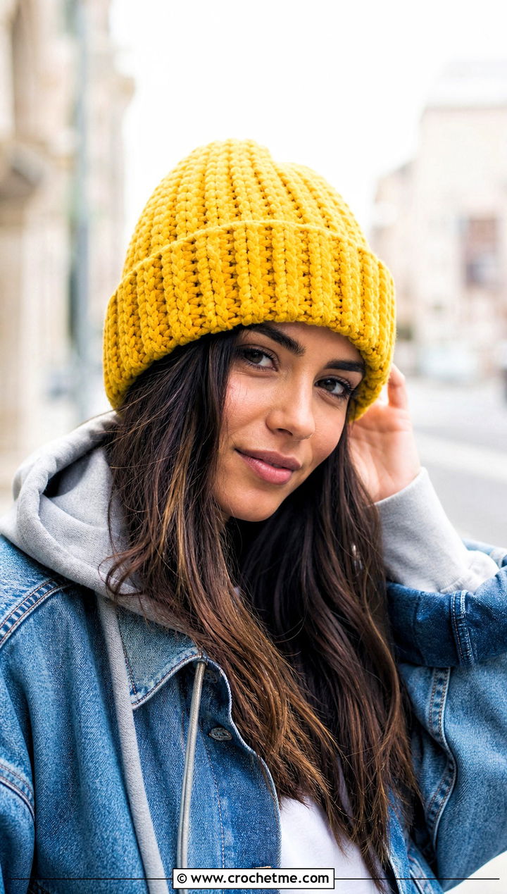 Crochet Velvet Cuffed Beanie With Denim Jacket - 15 Crochet Velvet Hat outfit ideas
