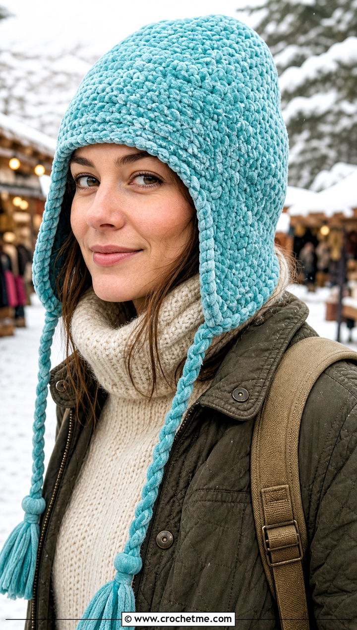 Crochet Velvet Earflap Hat With Utility Jacket - 15 Crochet Velvet Hat outfit ideas