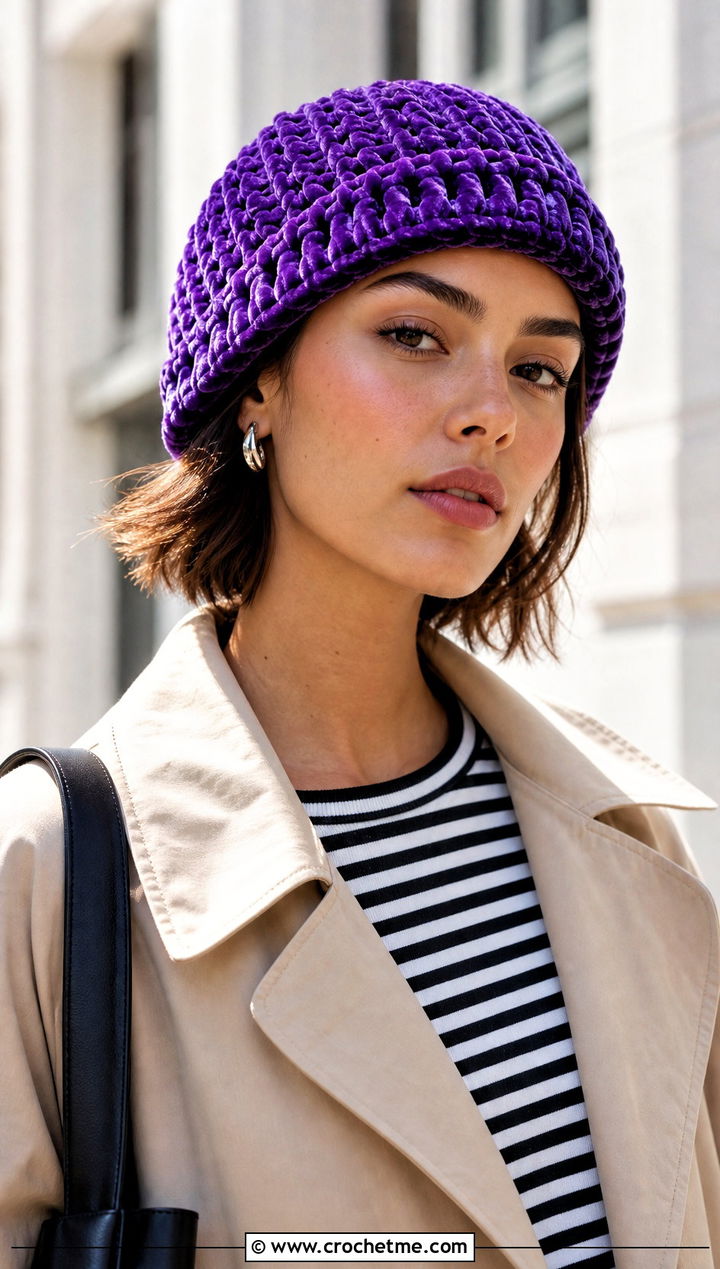 Crochet Velvet Fisherman Beanie With Trench Coat - 15 Crochet Velvet Hat outfit ideas