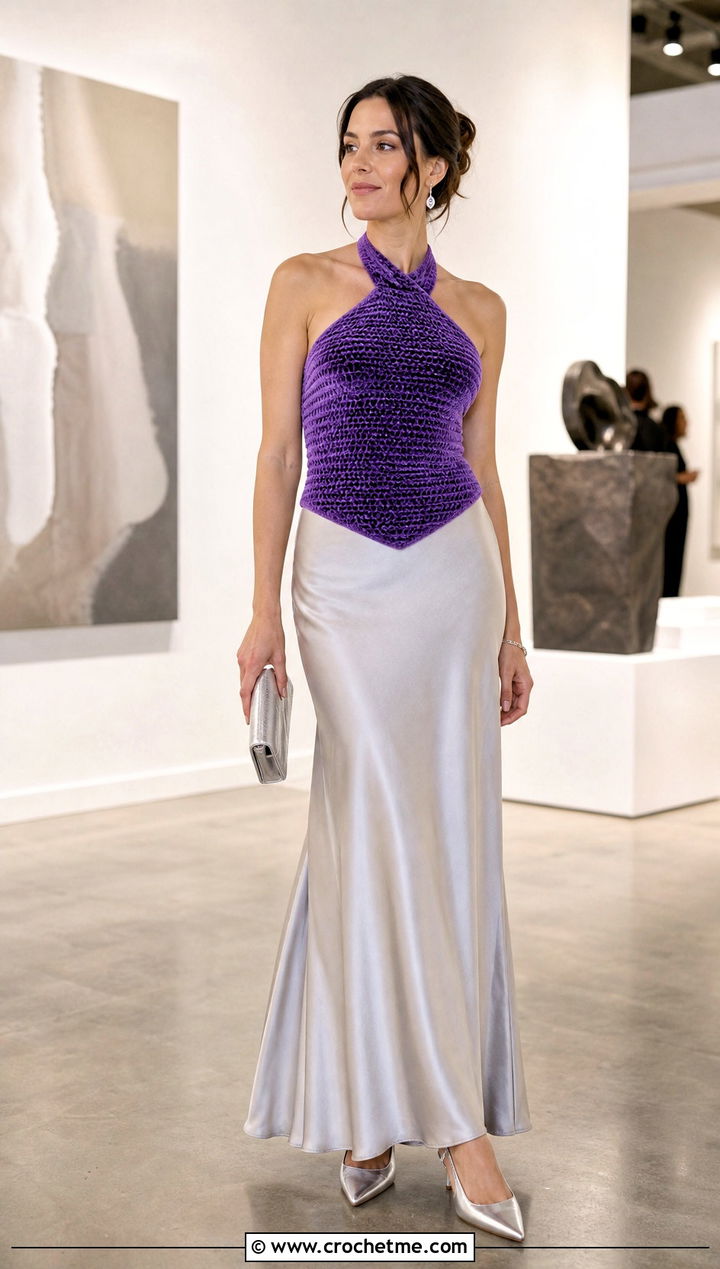 Crochet Velvet Halter Top With Satin Maxi Skirt - 30 crochet velvet top outfit ideas