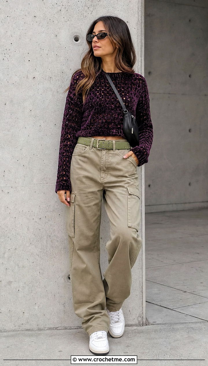 Crochet Velvet Long Sleeve Top With Cargo Pants - 30 crochet velvet top outfit ideas