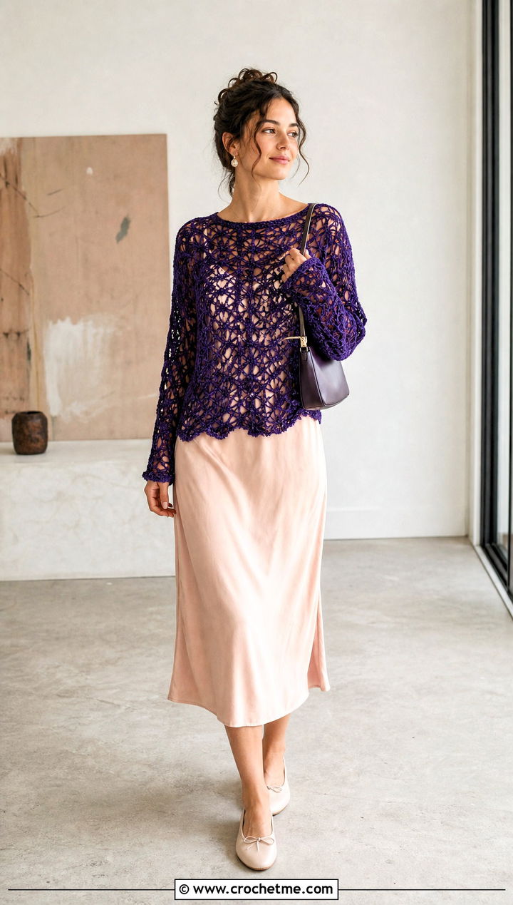 Crochet Velvet Mesh Top With Slip Dress - 30 crochet velvet top outfit ideas