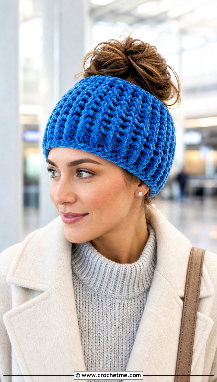 Crochet Velvet Messy Bun Beanie With Matching Knit Set - 15 Crochet Velvet Hat outfit ideas
