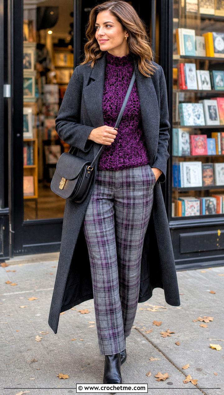 Crochet Velvet Mock Neck Top With Plaid Trousers - 30 crochet velvet top outfit ideas