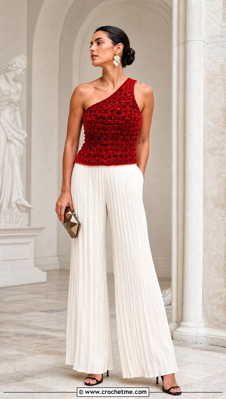 Crochet Velvet One Shoulder Top With Pleated Pants - 30 crochet velvet top outfit ideas