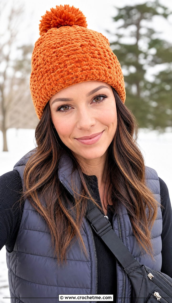 Crochet Velvet Pom Pom Beanie With Puffer Vest - 15 Crochet Velvet Hat outfit ideas