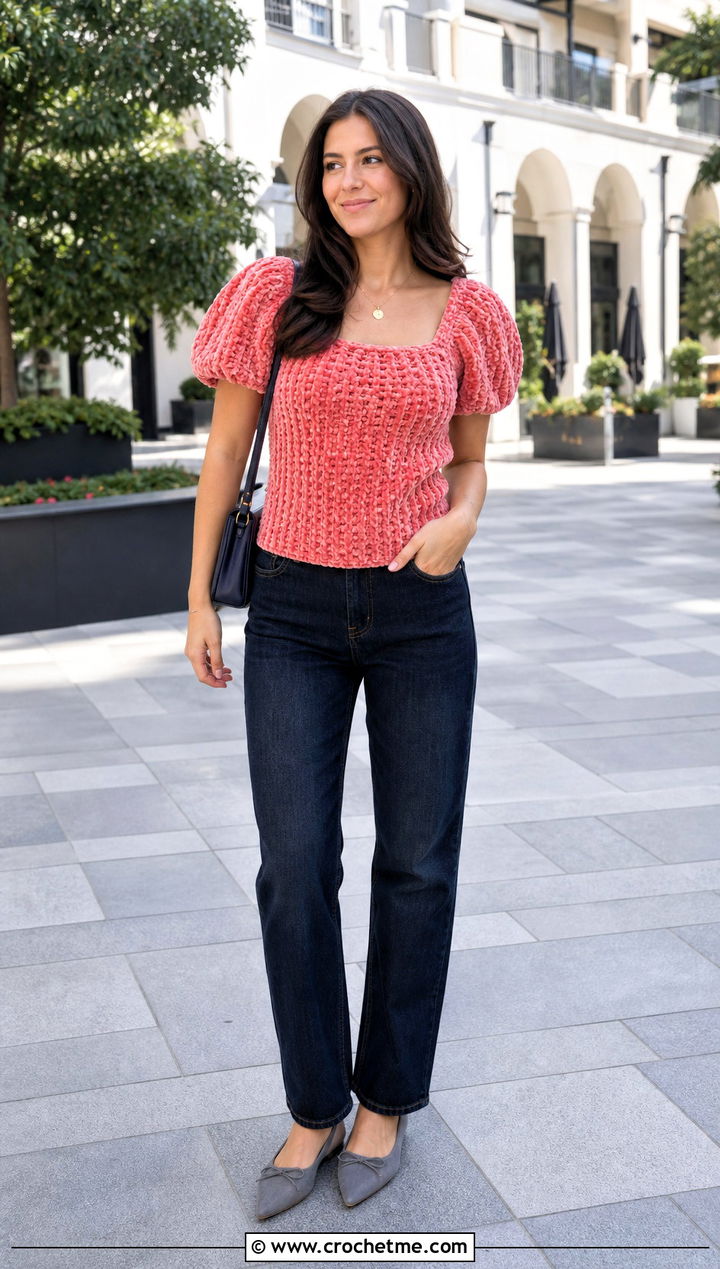 Crochet Velvet Puff Sleeve Top With Straight Jeans - 30 crochet velvet top outfit ideas