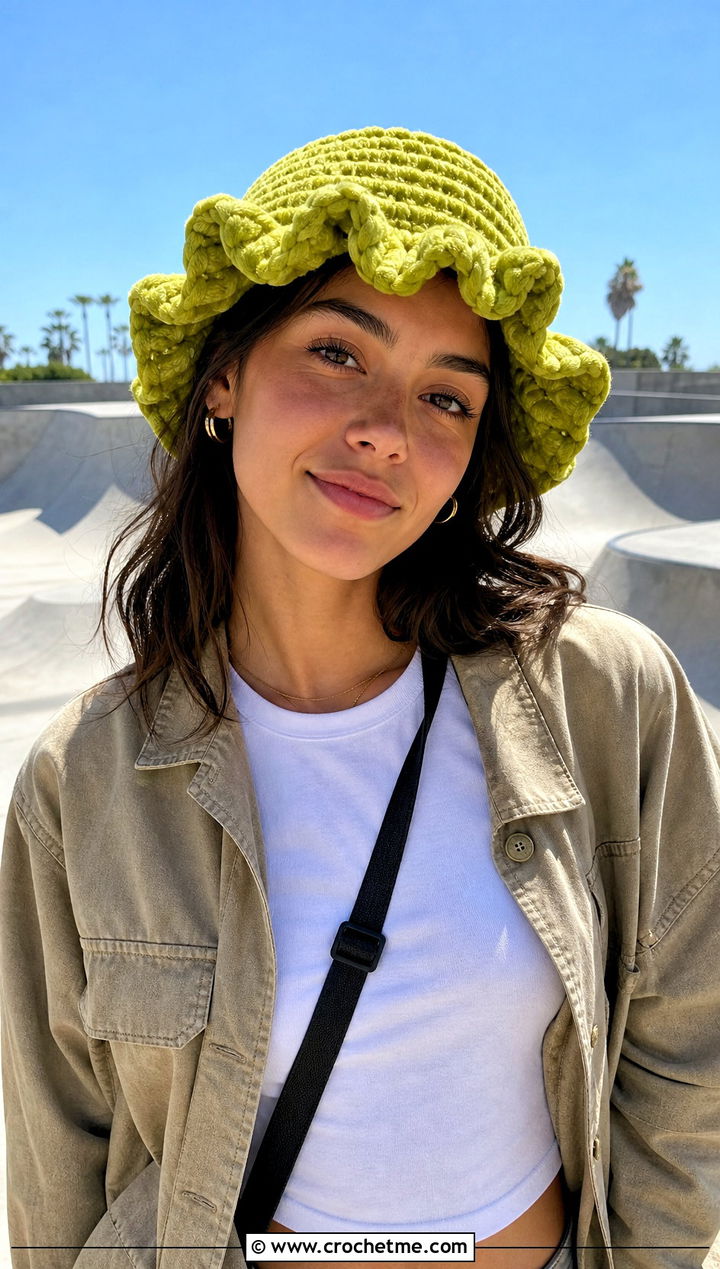 Crochet Velvet Ruffle Bucket Hat With Cargo Pants - 15 Crochet Velvet Hat outfit ideas