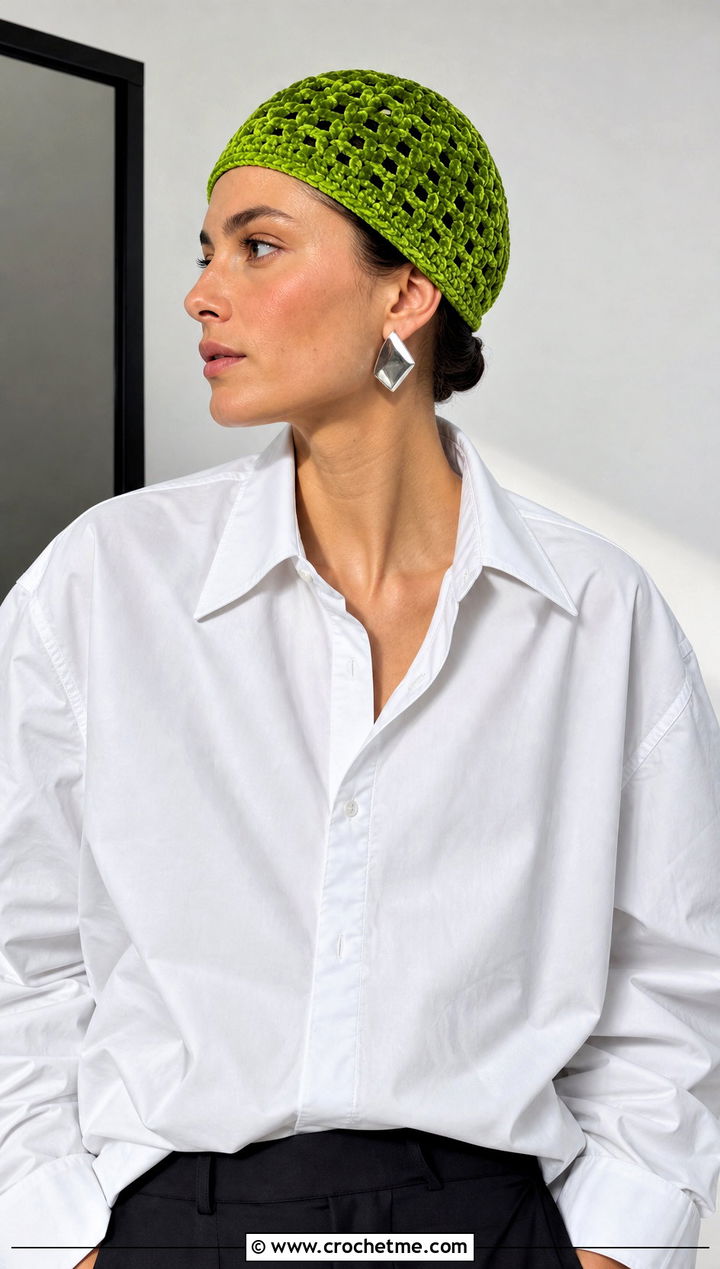 Crochet Velvet Skull Cap With White Shirt And Trousers - 15 Crochet Velvet Hat outfit ideas