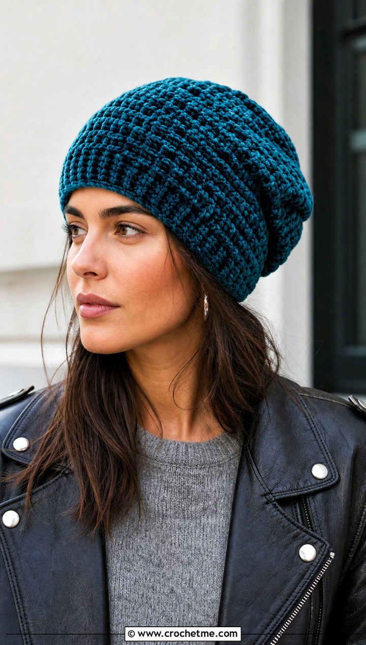 Crochet Velvet Slouchy Beanie With Leather Jacket - 15 Crochet Velvet Hat outfit ideas