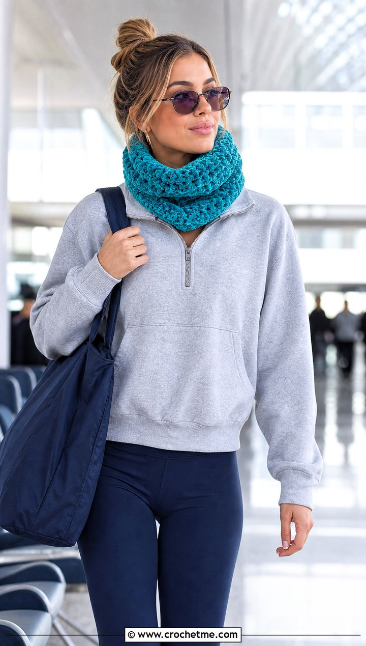 Crochet Velvet Snood Scarf With Athleisure Outfit - 25 Crochet Velvet Scarf outfit ideas