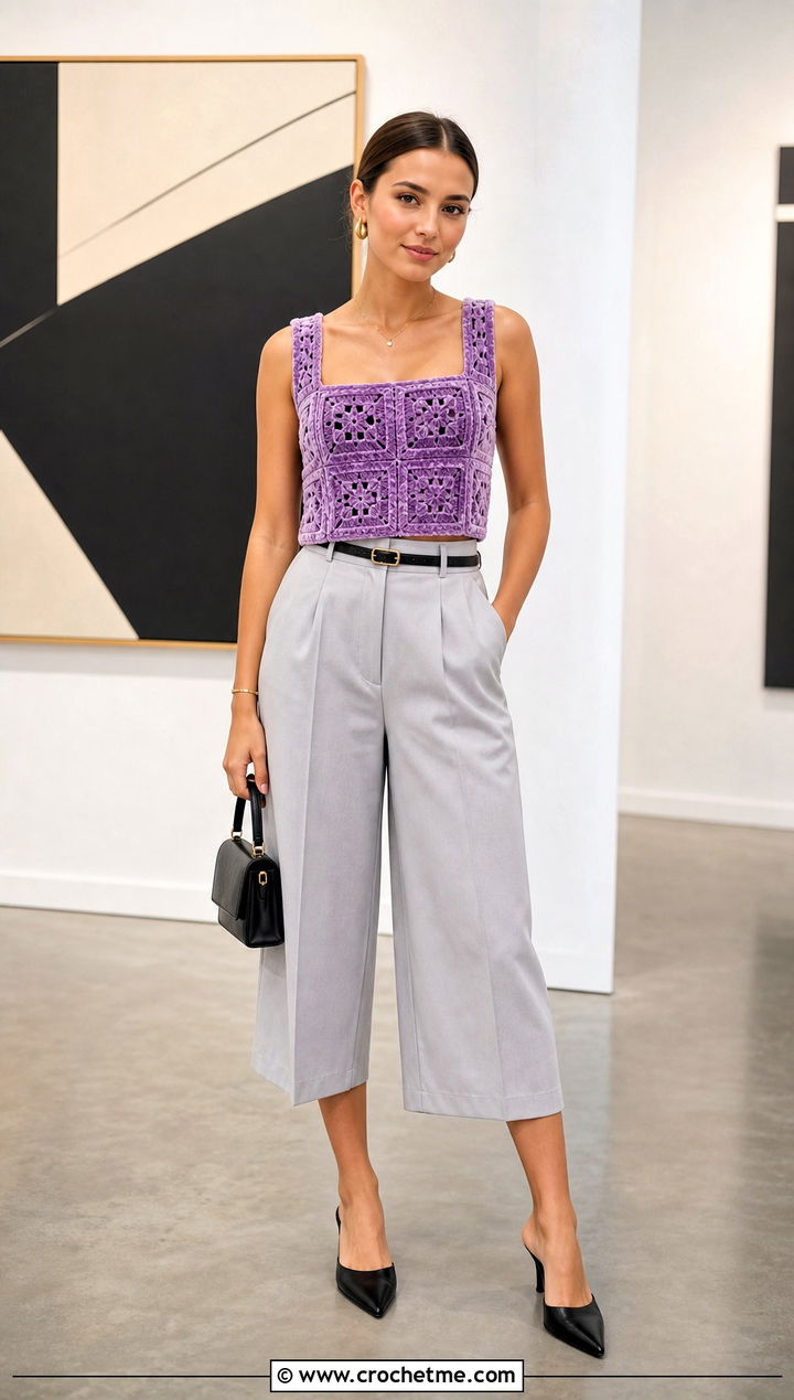 Crochet Velvet Square Neck Top With Culottes - 30 crochet velvet top outfit ideas