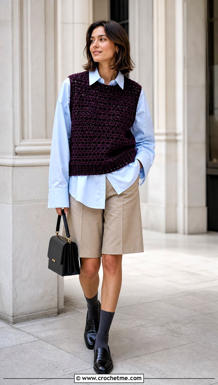 Crochet Velvet Sweater Vest With Poplin Shirt And Bermuda Shorts - 20 Crochet Velvet Sweater outfit ideas