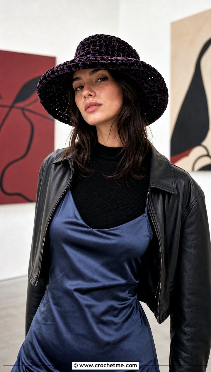 Crochet Velvet Wide Brim Hat With Slip Dress - 15 Crochet Velvet Hat outfit ideas