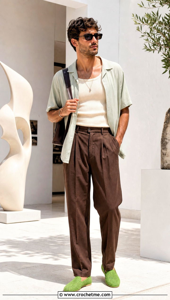 Crochet Venetian Loafers With Pleated Trousers - 25 crochet shoes for men outfit ideas
