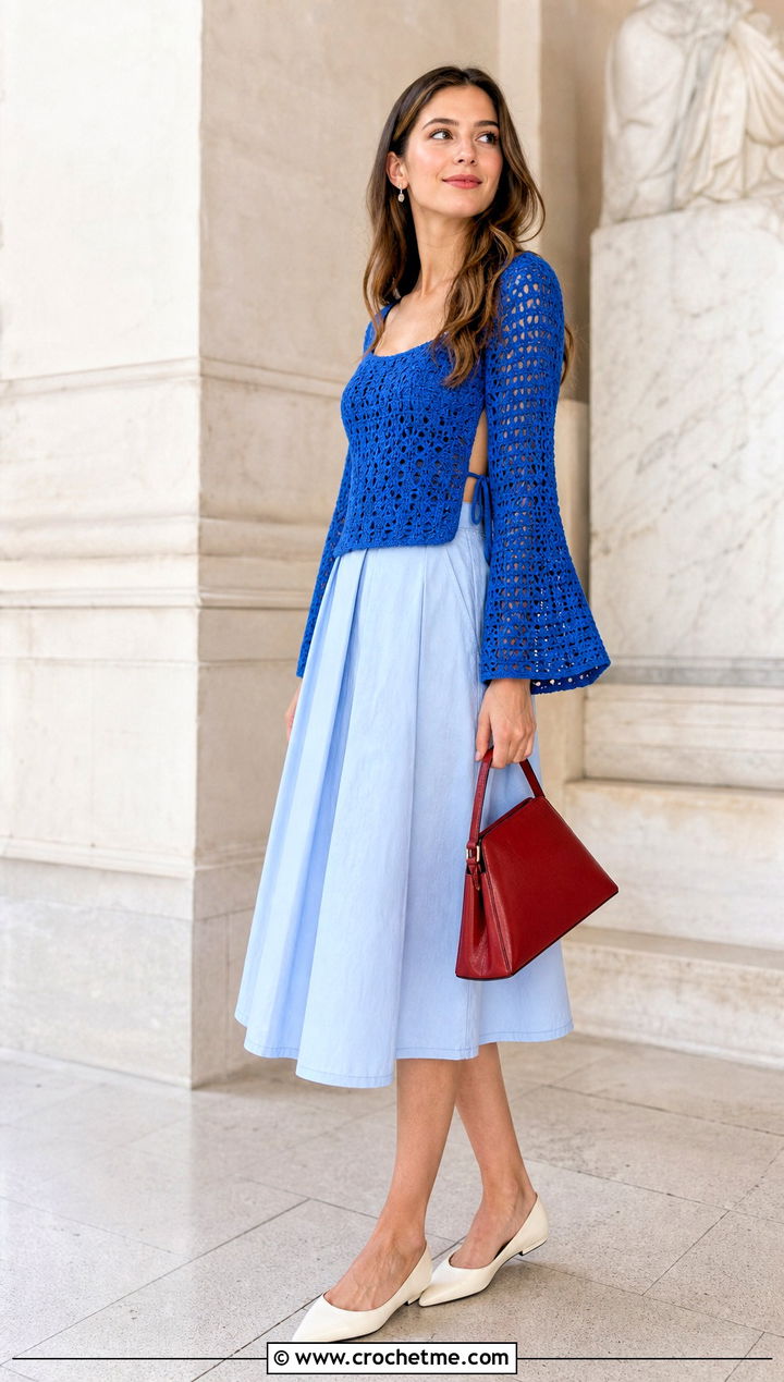 Crochet Vera Top With A Line Midi Skirt - 35 crochet vera top outfit ideas