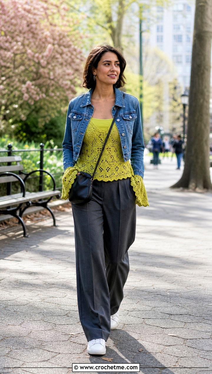 Crochet Vera Top With Denim Jacket And Trousers - 35 crochet vera top outfit ideas
