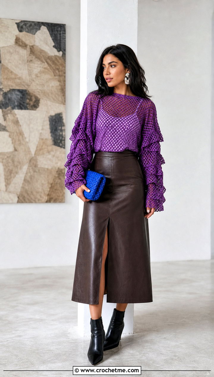 Crochet Vera Top With Faux Leather Midi Skirt - 35 crochet vera top outfit ideas