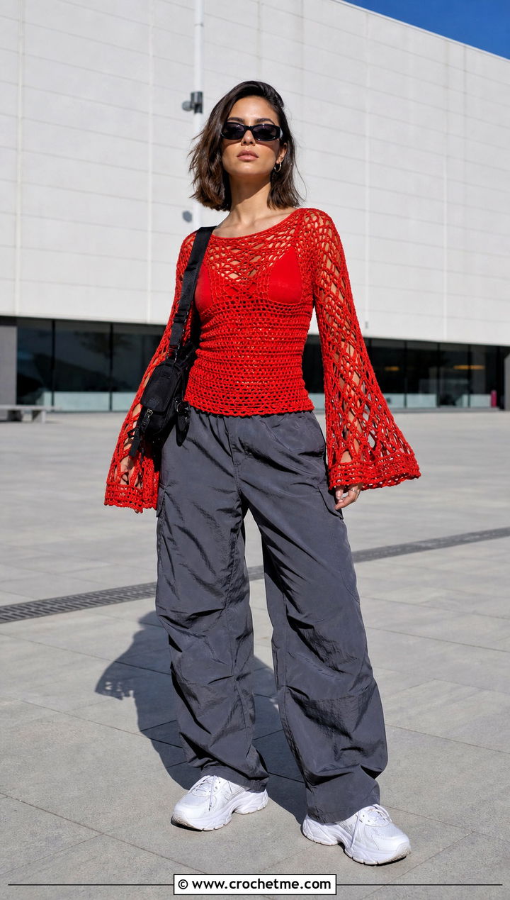 Crochet Vera Top With Parachute Pants - 35 crochet vera top outfit ideas