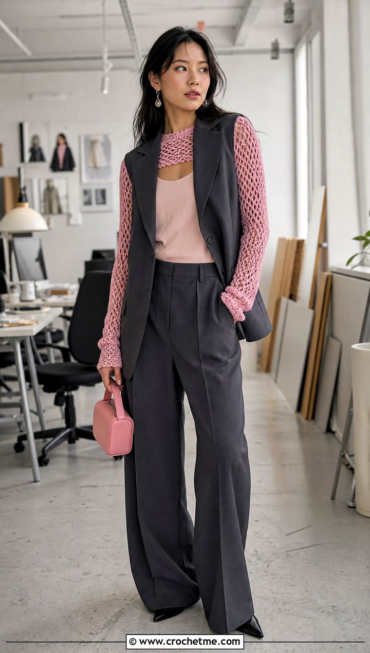 Crochet Vera Top With Tailored Vest And Trousers - 35 crochet vera top outfit ideas