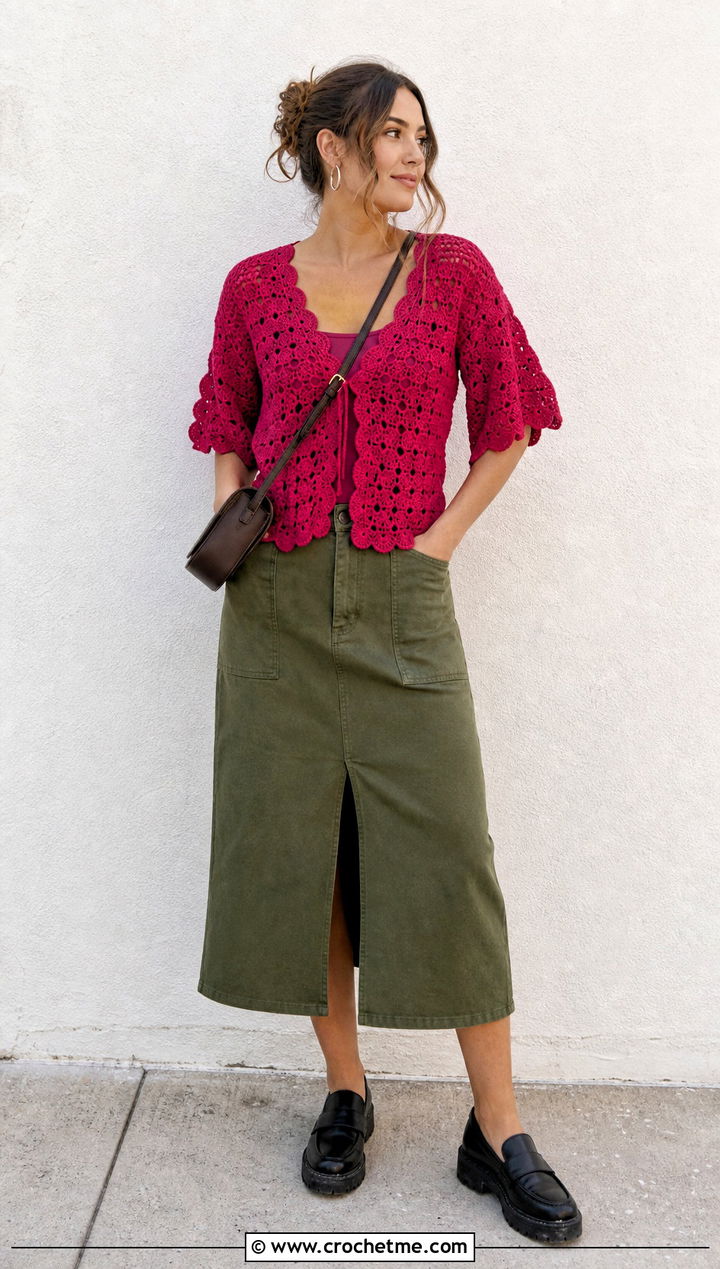 Crochet Vera Top With Utility Midi Skirt - 35 crochet vera top outfit ideas